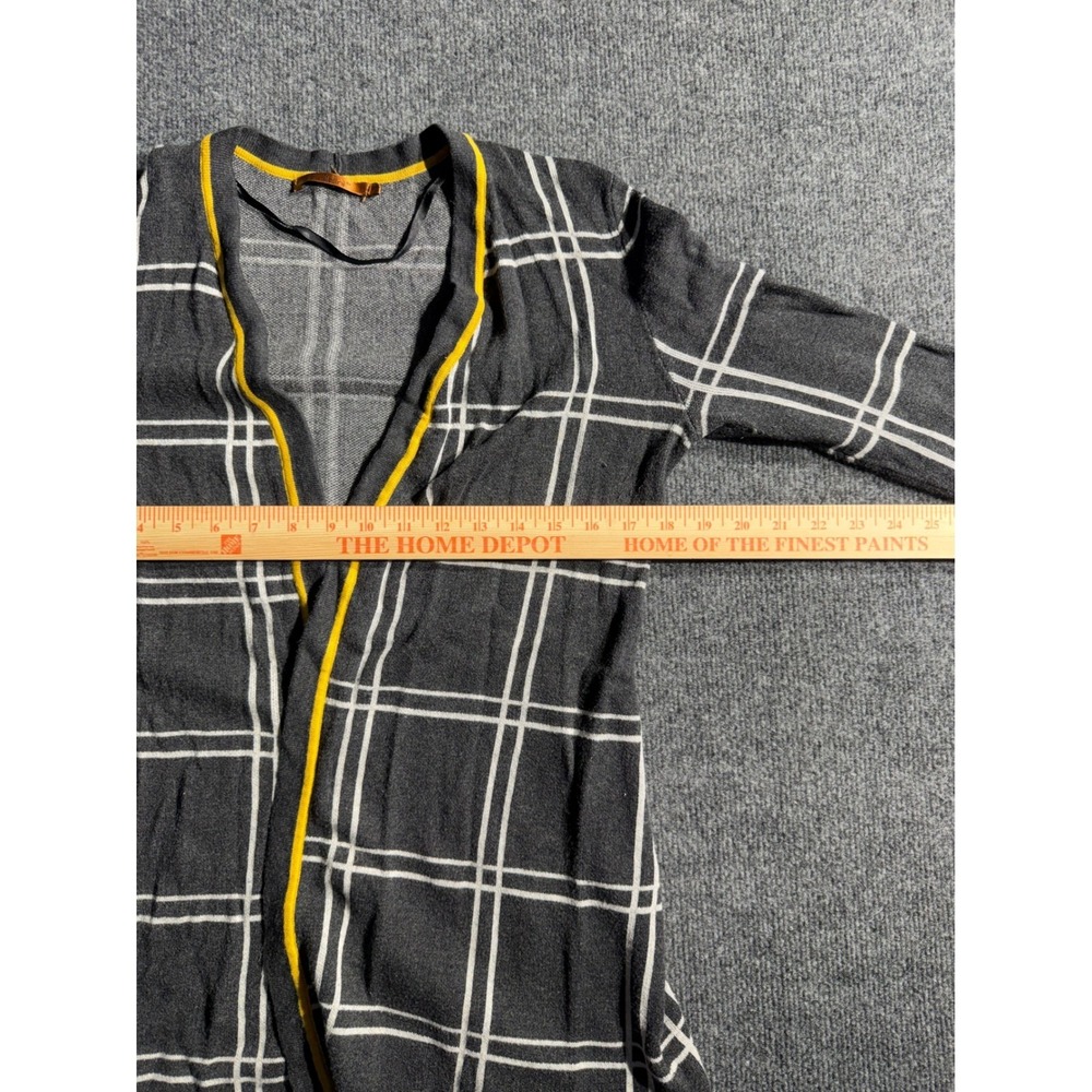 Belldini Grey White Windowpane Plaid Open Front Cardigan Yellow Trim Medium - Picture 6 of 9